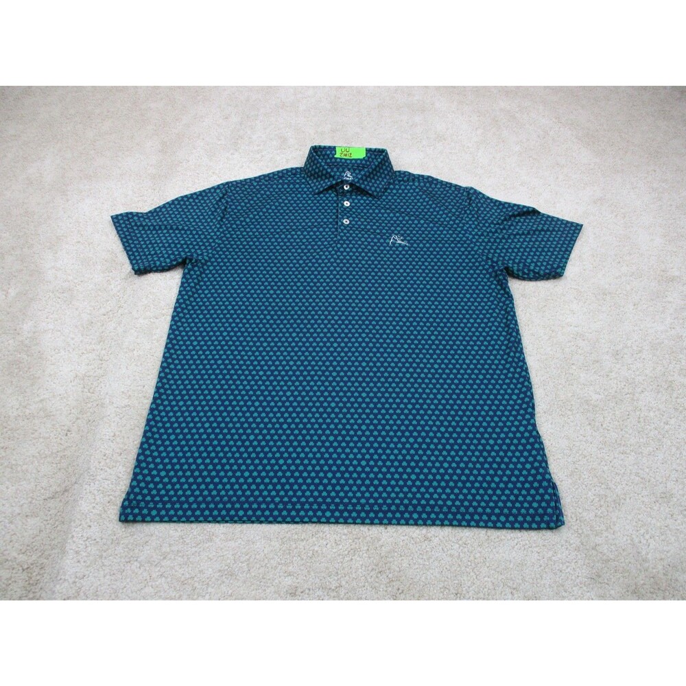 Rhoback Polo Shirt Mens Medium Blue Green Shamrock Four Leaf Clover Golf Stretch